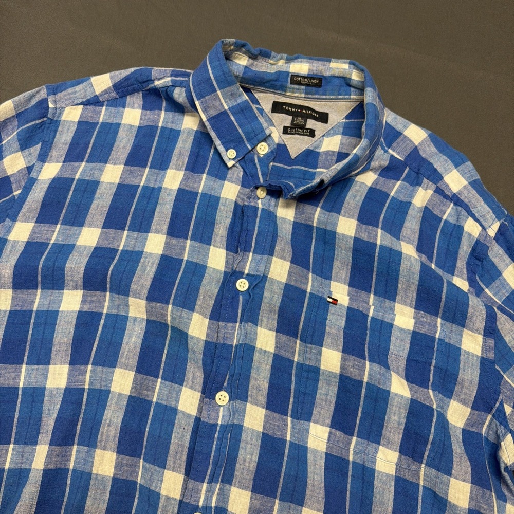 blue and white plaid Tommy Hilfiger button-up shirt Xl